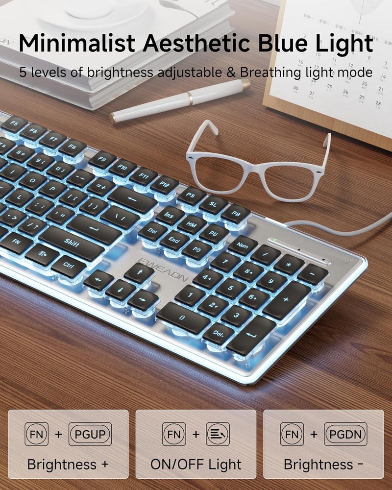 SEUNKWANG EWEADN GX710S Backlit Computer Keyboards, Wired USB Keyboard with Blue Backlit, Metal Panel, Plug and Play, Pudding Keycaps Full Size Quite Computer Keyboard for Win/PC/Laptop-Black - Image 4